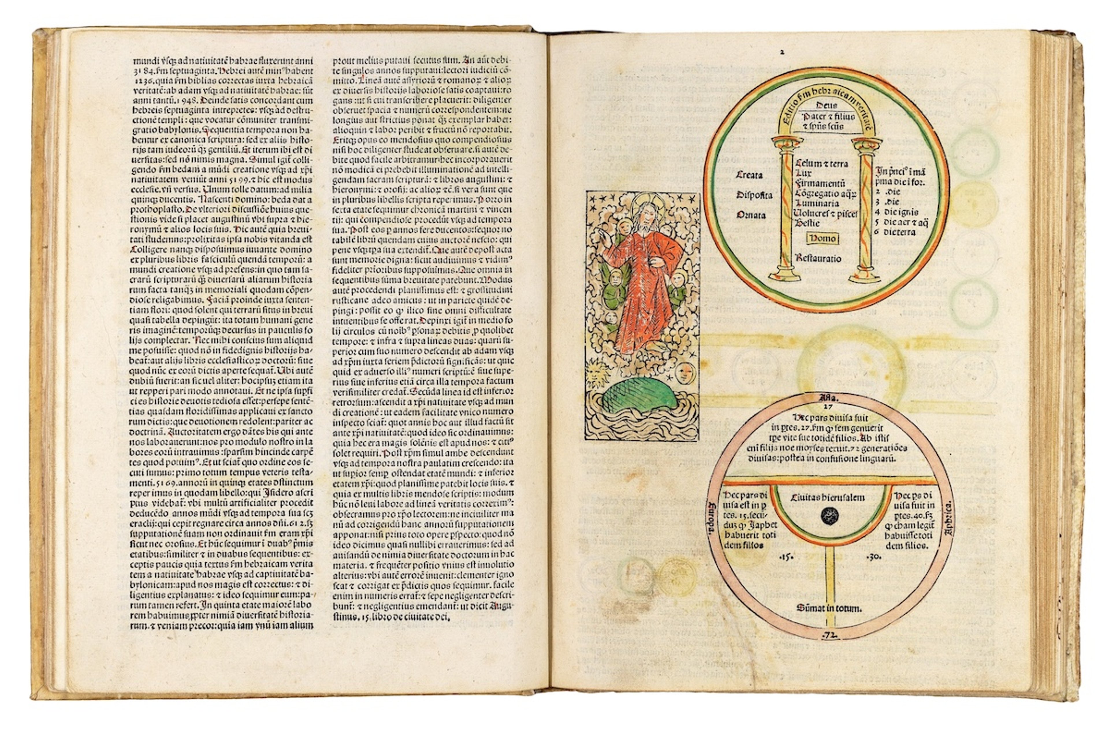 Excerpt from chronicle Fasciculus Temporum, written by Werner Rolewinck featuring T-O map and map of the heavens