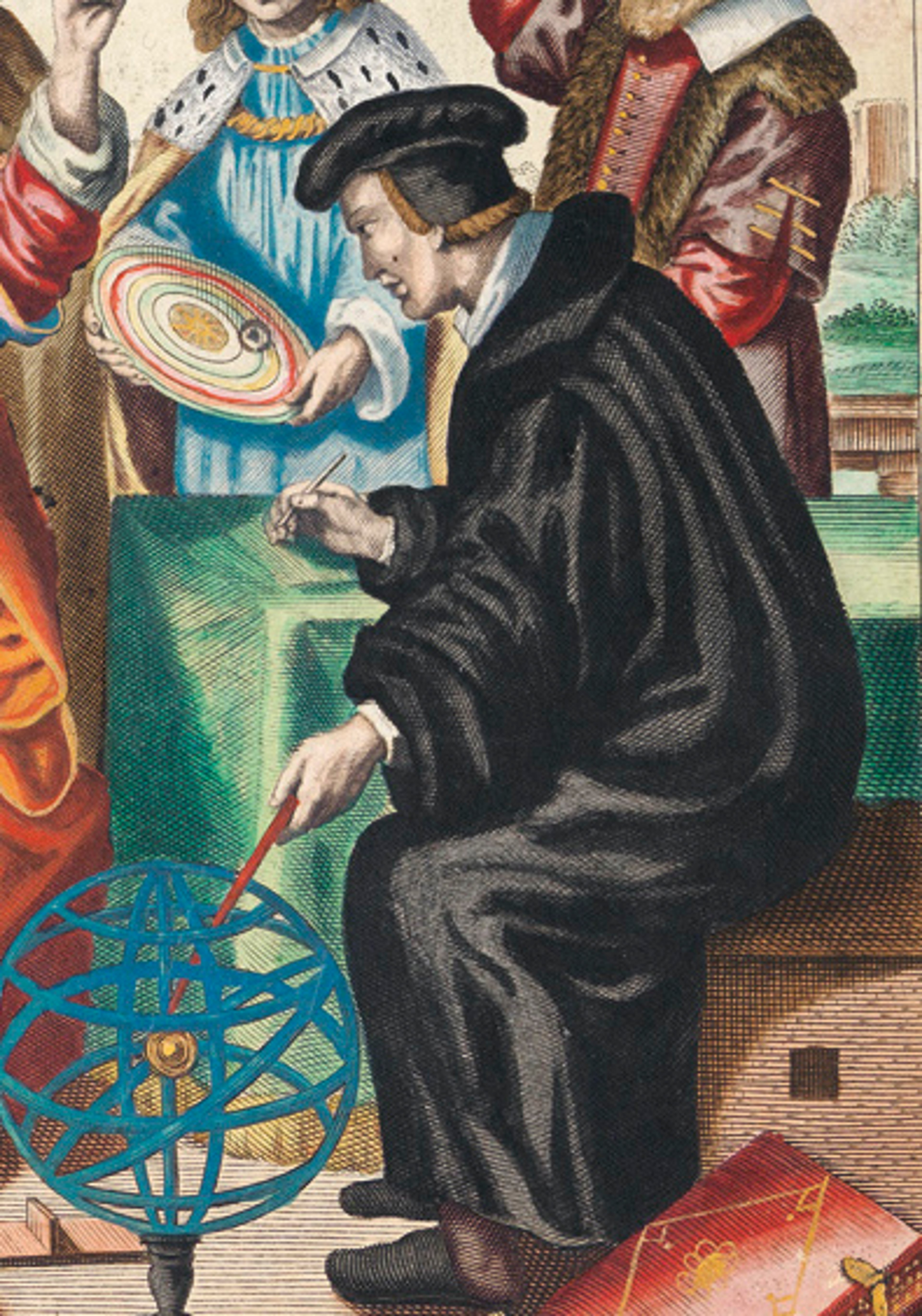 Vibrant portrait of Andreas Cellarius, a man wearing black robes, with a group of people that aren't in focus in the background.