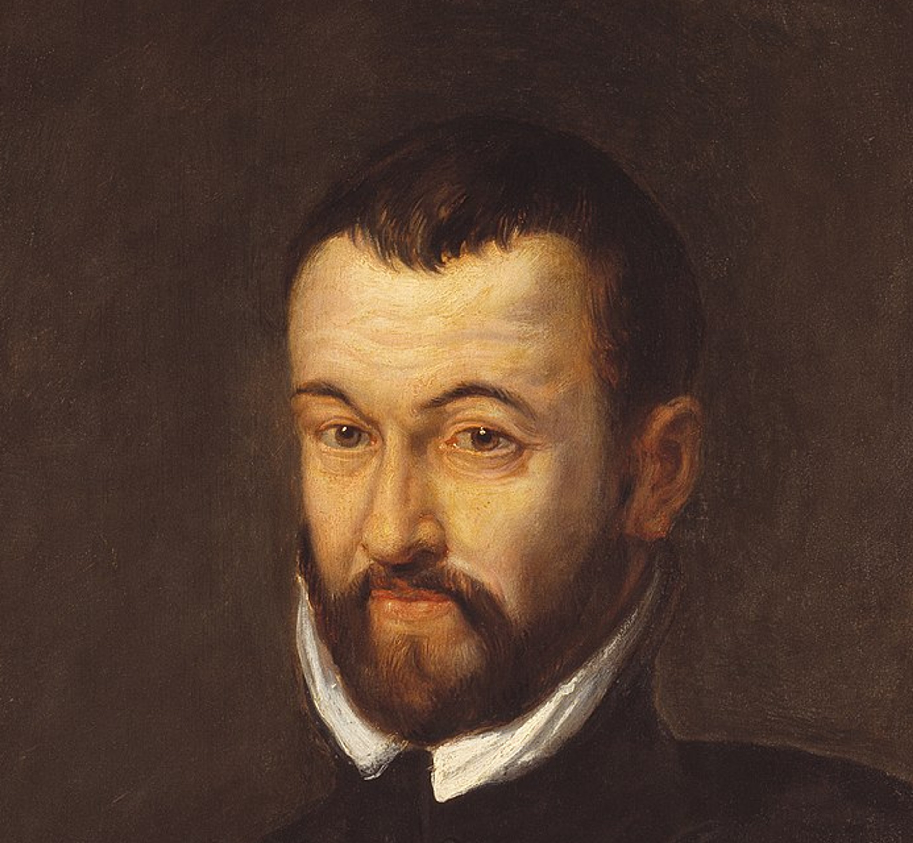 Colourful portrait of the upper body of Benedictus Arias Montanus, a man with short brown hair and a beard. In his left hand he's holding a pamphlet.