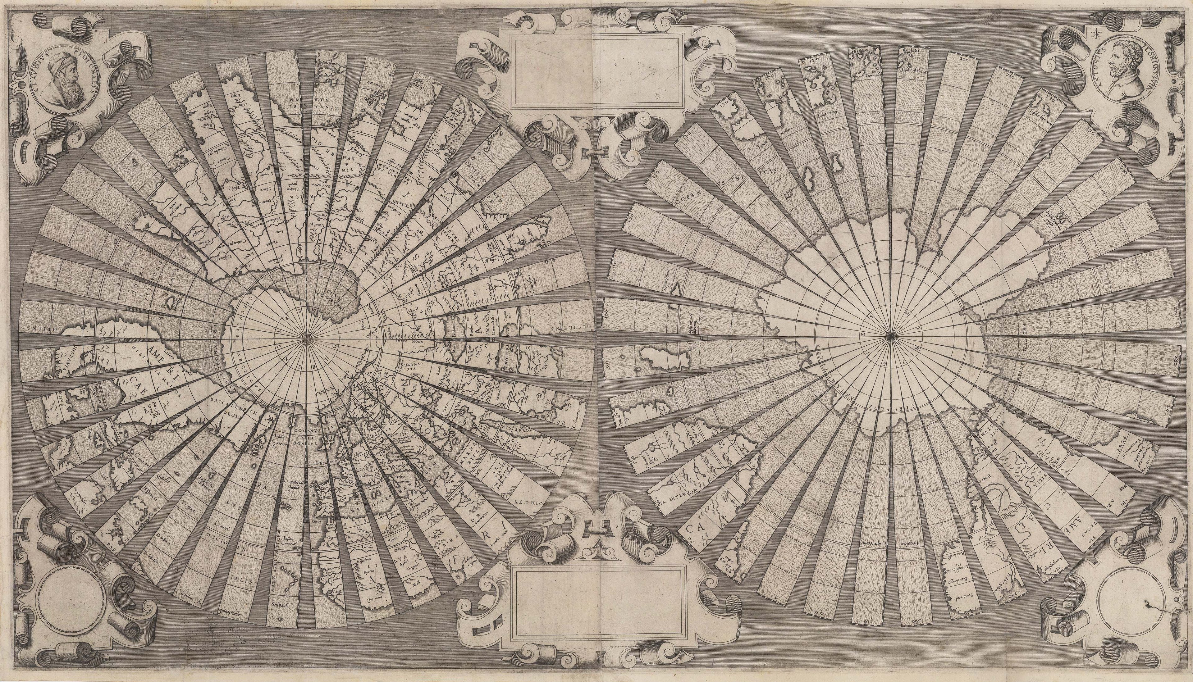A preview of Floriano's “Bicycle Spoke” world map with ornate cartouche around the map