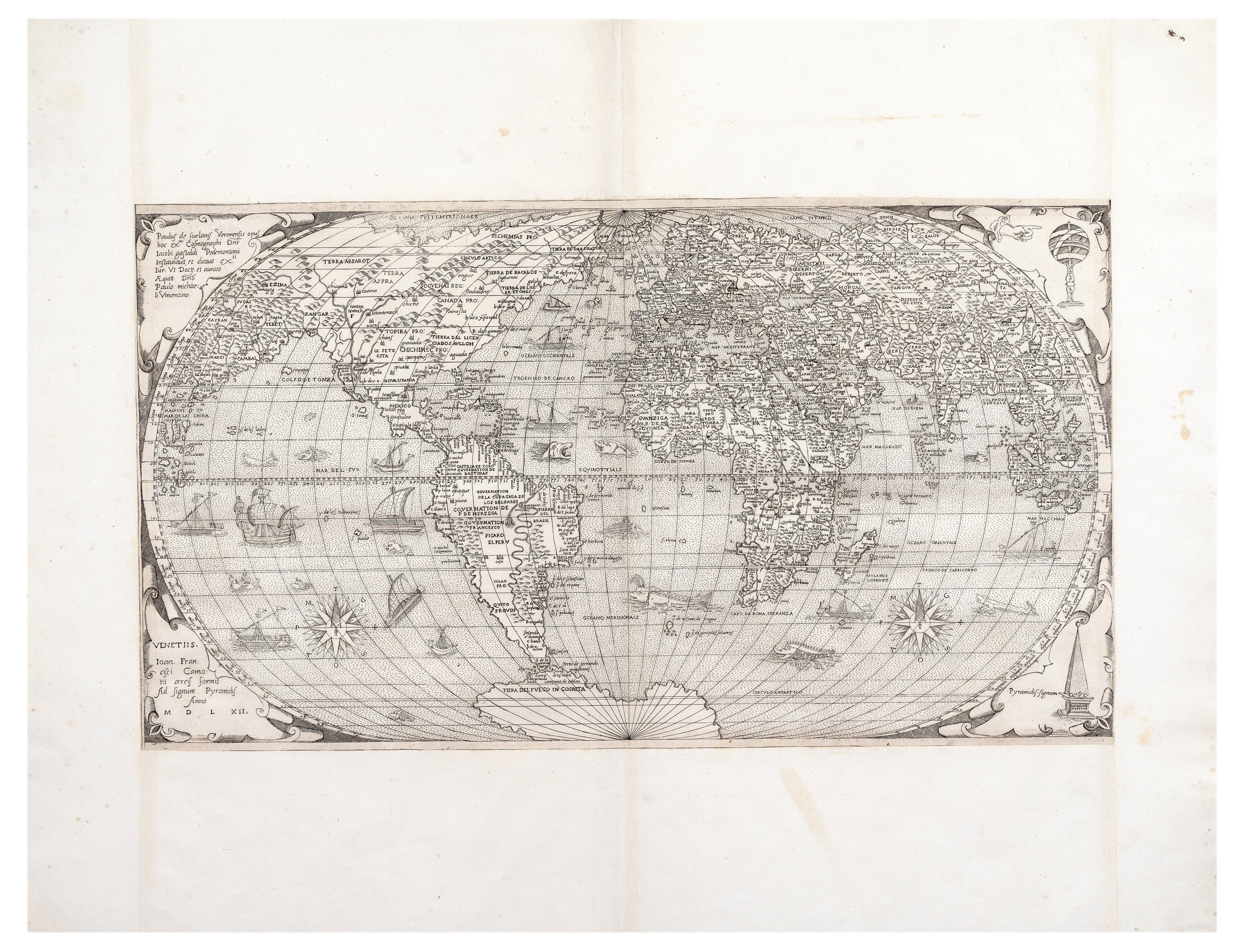 Paolo Forlani’s first world map with cartouche in the corners and beautifully engraved sea monsters and boats.