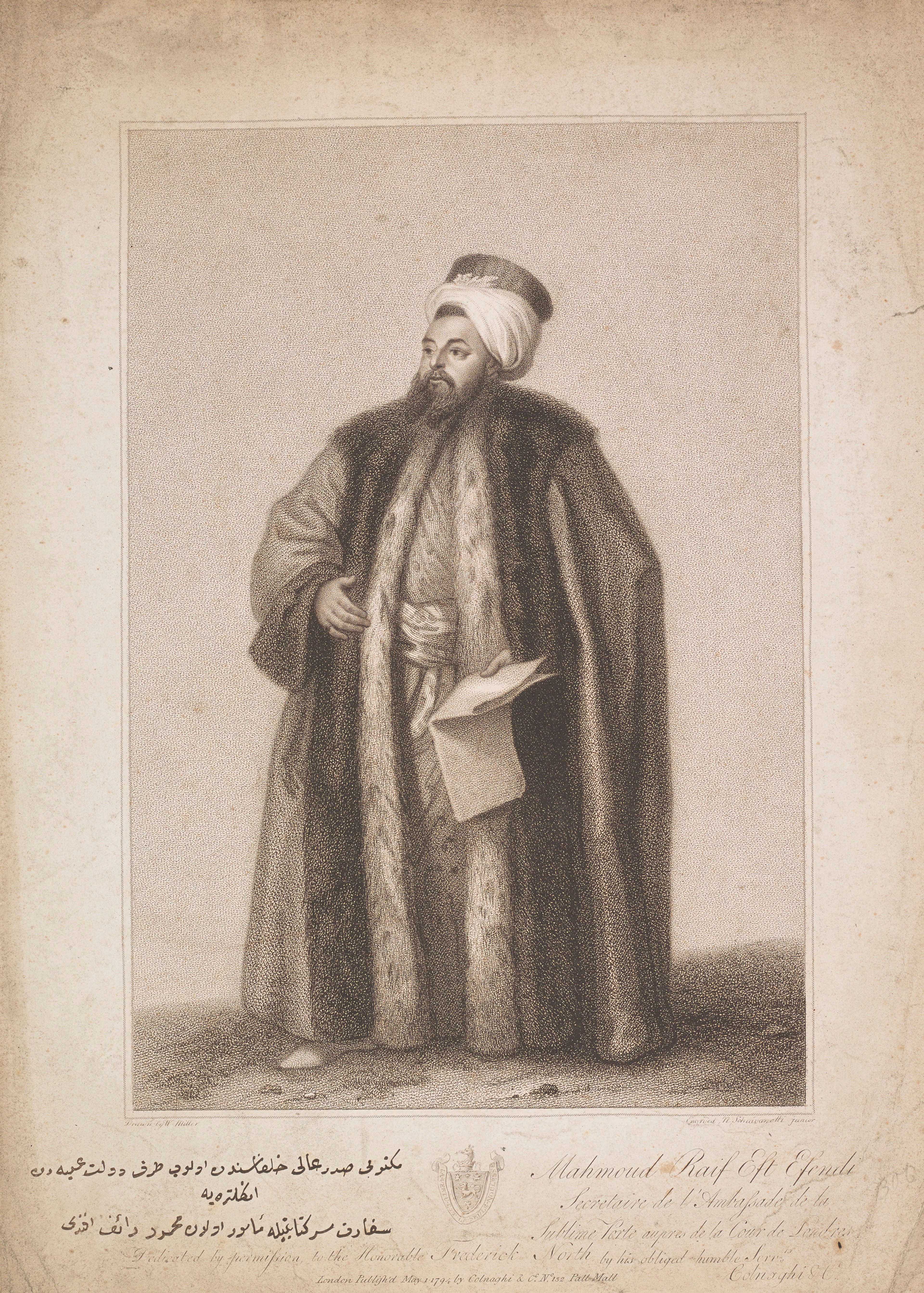Full body portrait of Mahmoud Raif Efendi, a man with a short beard, wearing robes and a headdress.