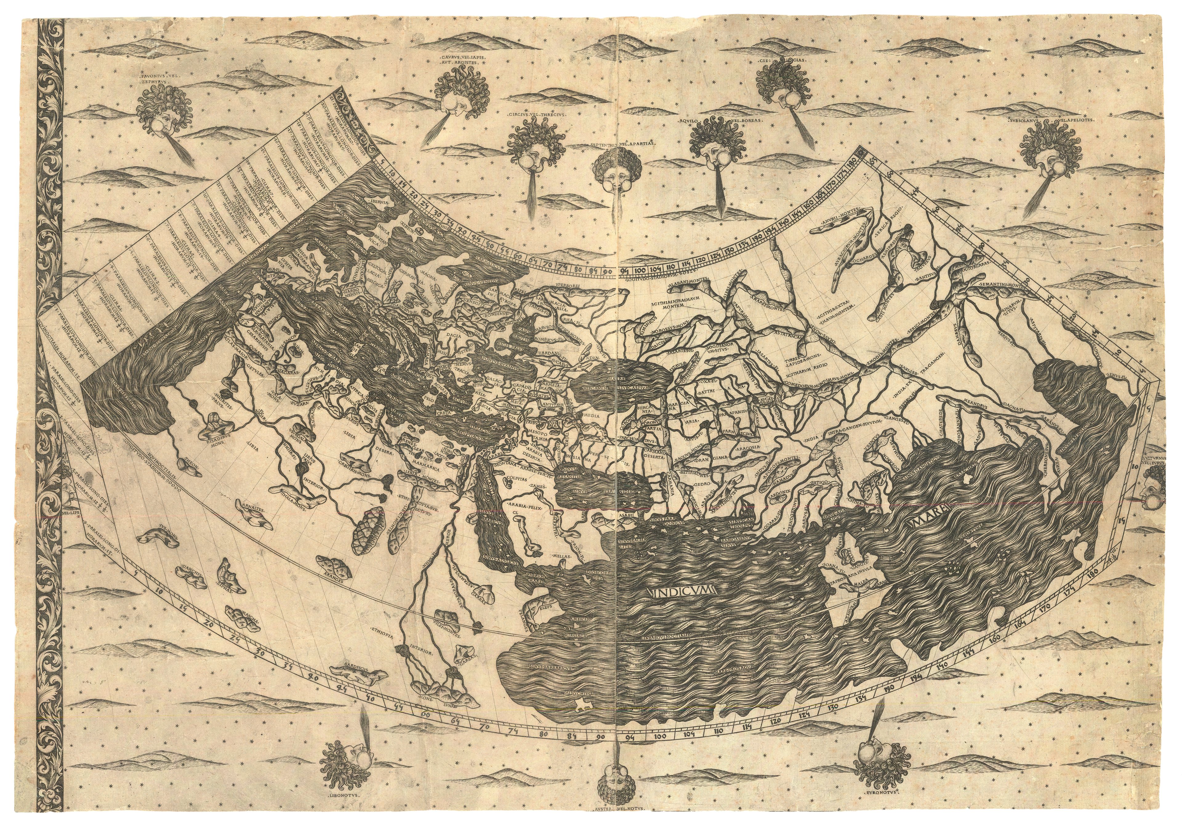 Preview of Crivelli world map, with 11 Wind Heads around the outside of the map