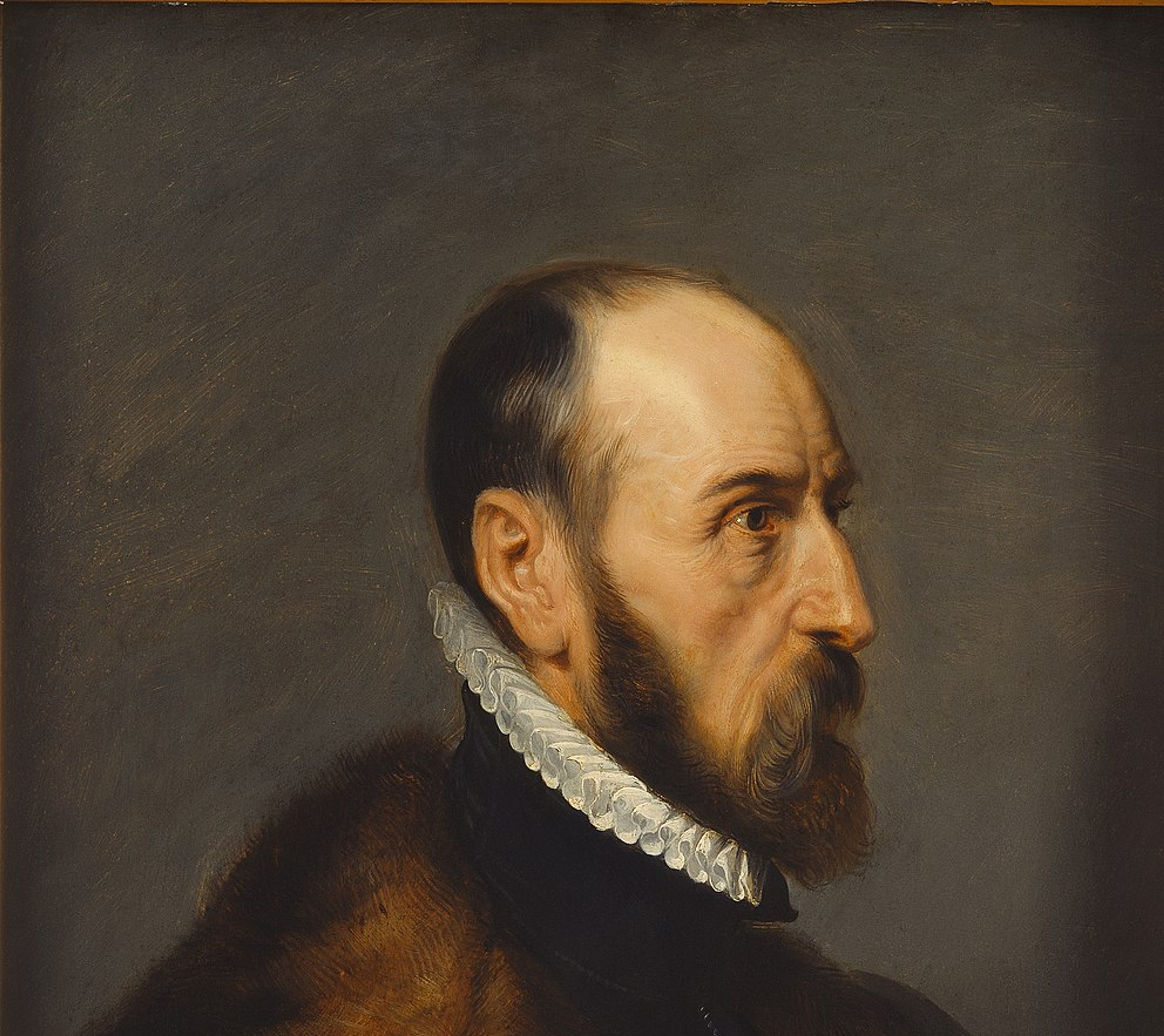 Colourful side profile portrait of Abraham Ortelius, a man with very short hair and holding a globe.