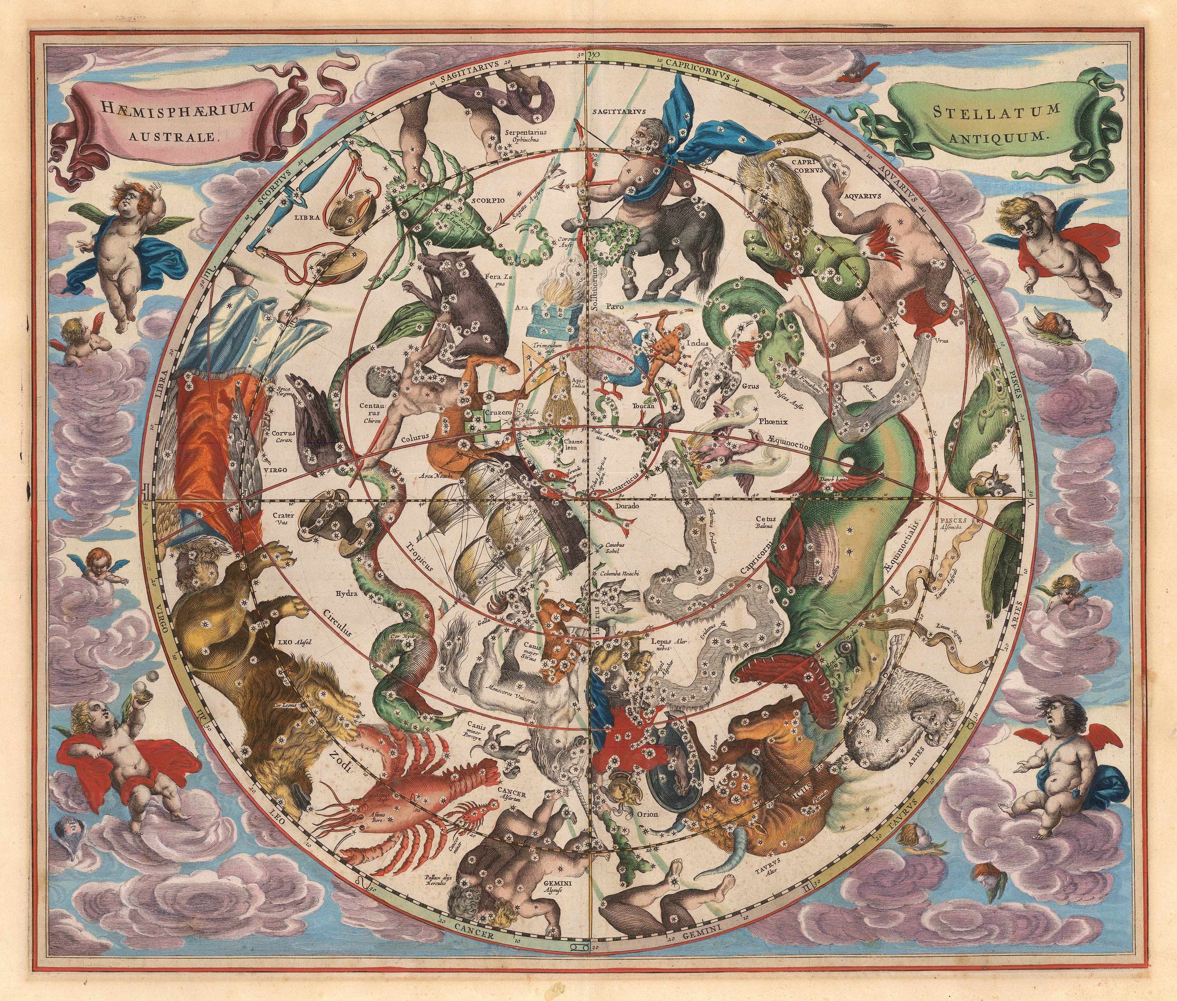 A beautiful selection of hand-painted animals, cherubs, and mythical creatures set against a sphere with two ribbons featuring text that reads: Heamisphaerium Australe and Stellatum Antiquum.