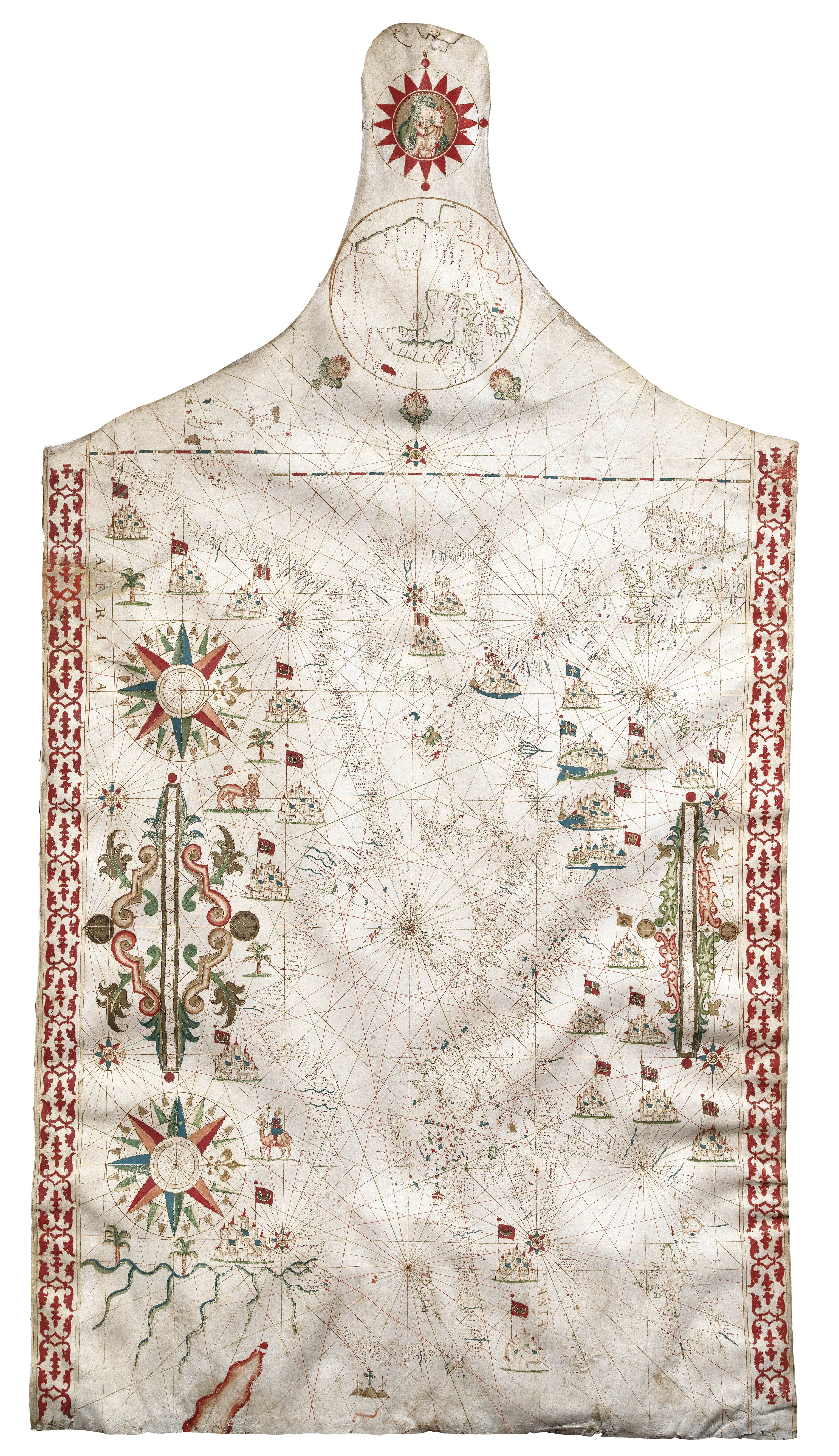 Preview of a Joan Oliva portolan chart on vellum with intricate illustrations