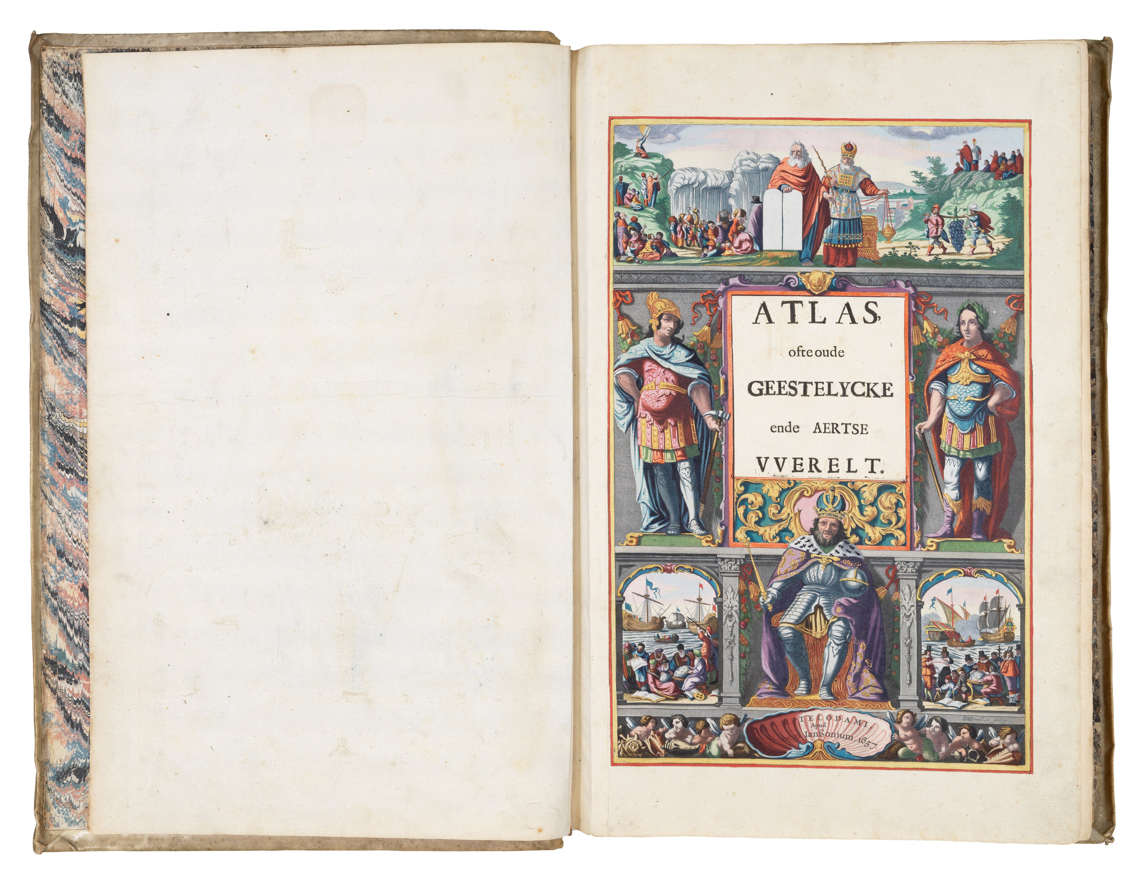 The introduction page of Atlas with illustrations by Master Colourist, Dirk Jansz van Santen, from the Dutch Golden Age