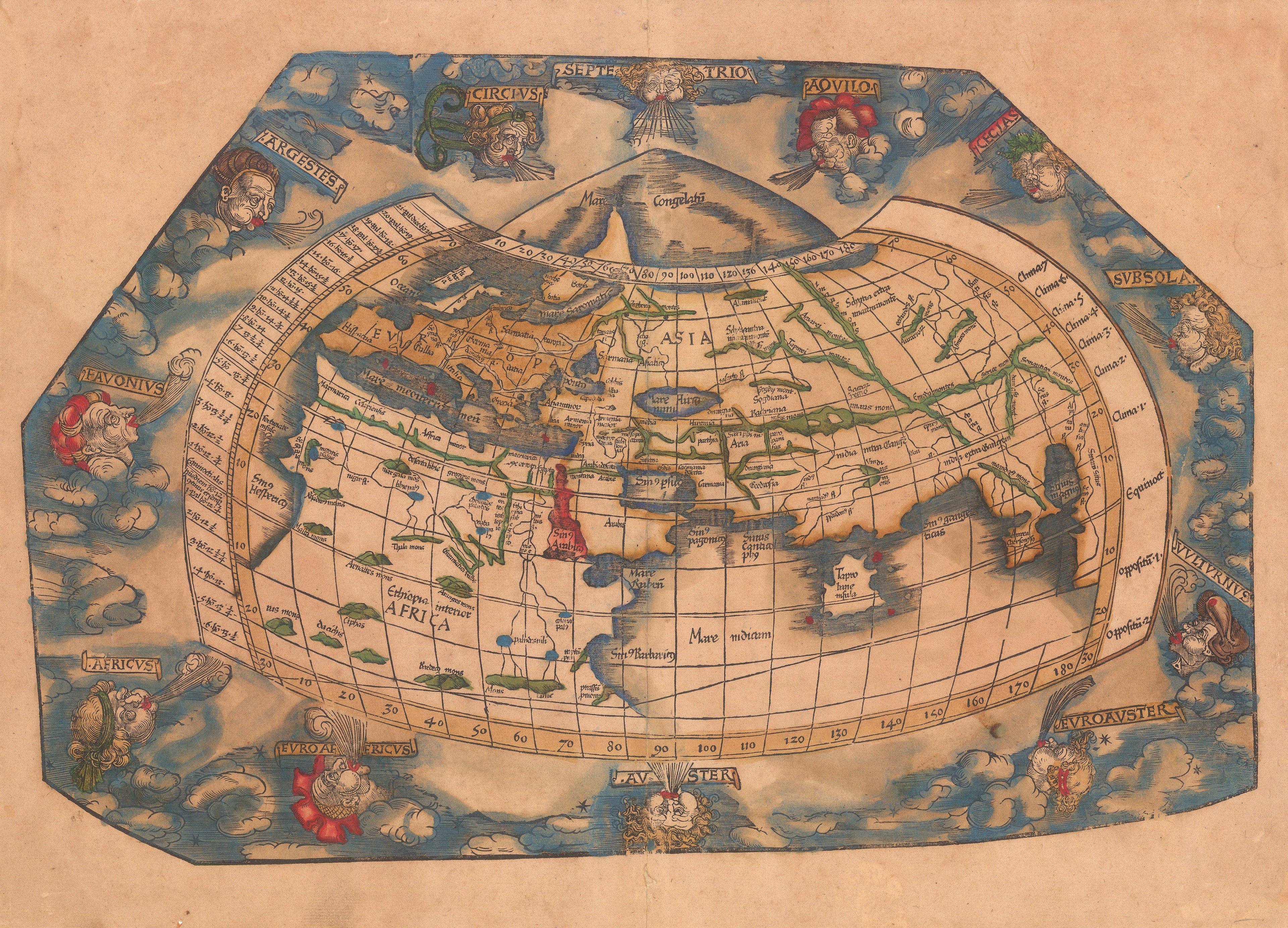 Ptolemaic Projection of a world map set against a blue sky with illustrations of clouds and 12 Wind Heads