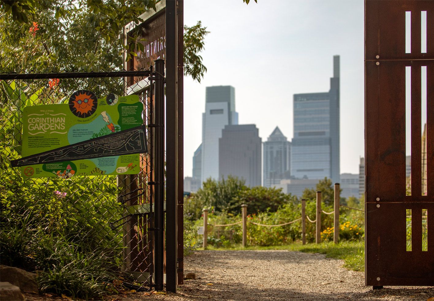 Garden Sign and City Skyline
