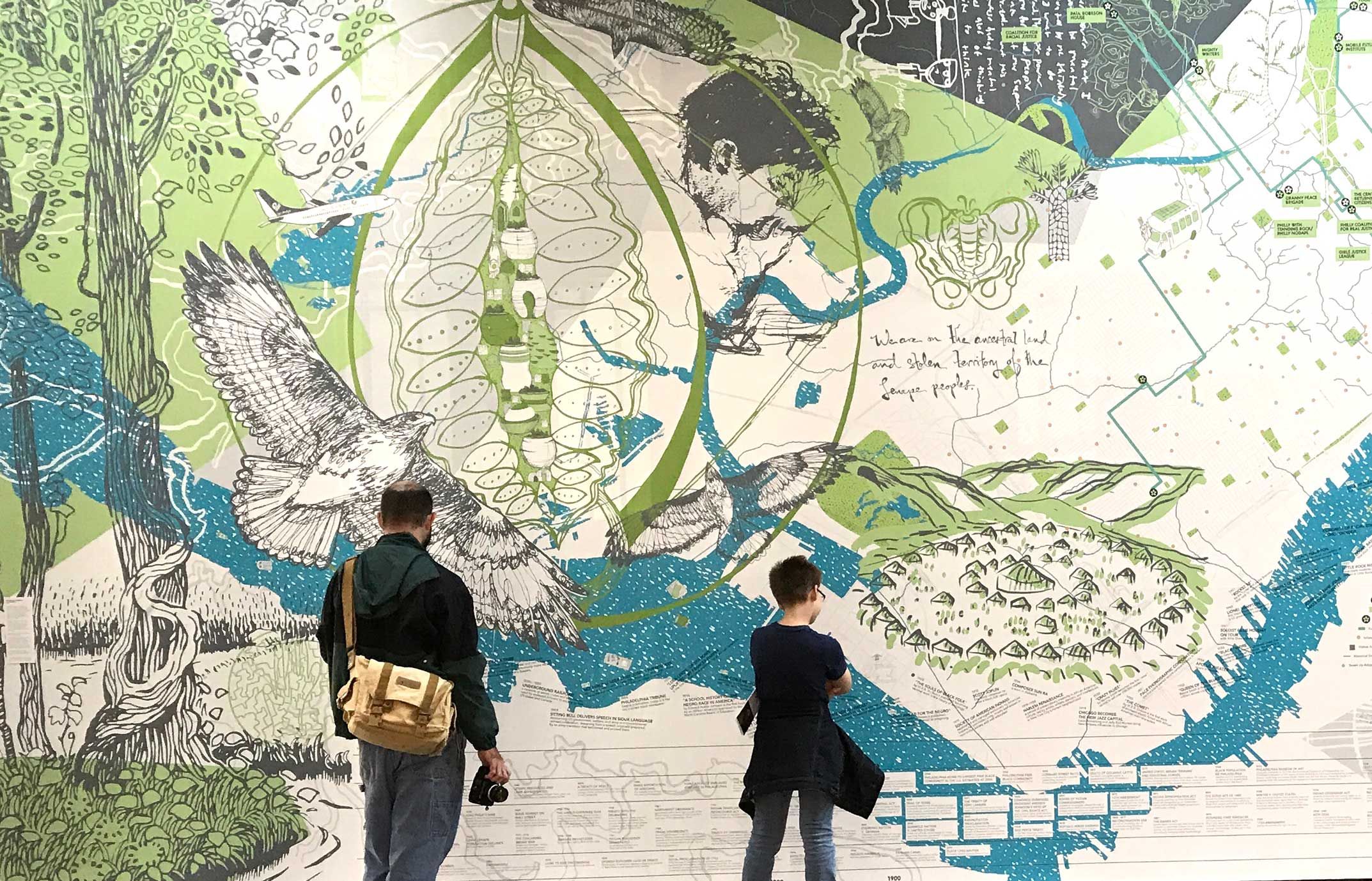 People in front of mural