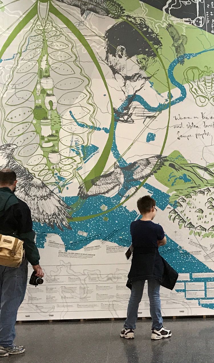 People in front of mural
