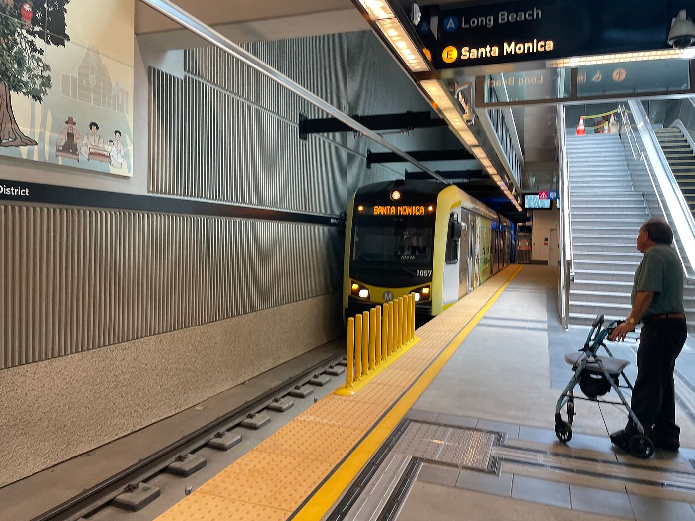A westbound Metro E Line train stopped at Little Tokyo/Arts District station in Downtown Los Angeles