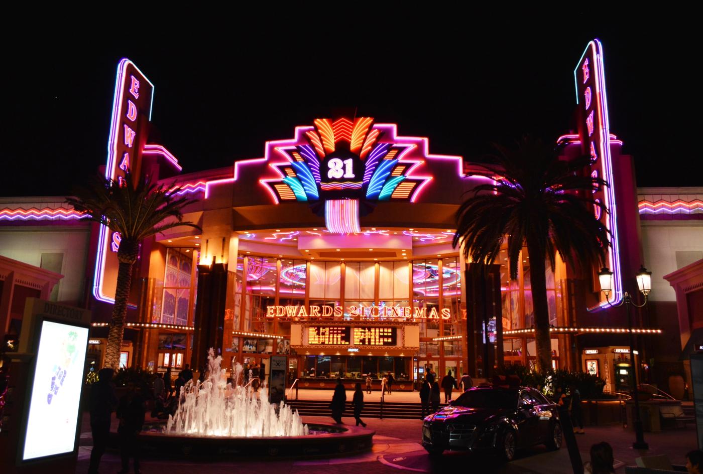 The entrance plaza and theater marquee at Irvine Spectrum Center