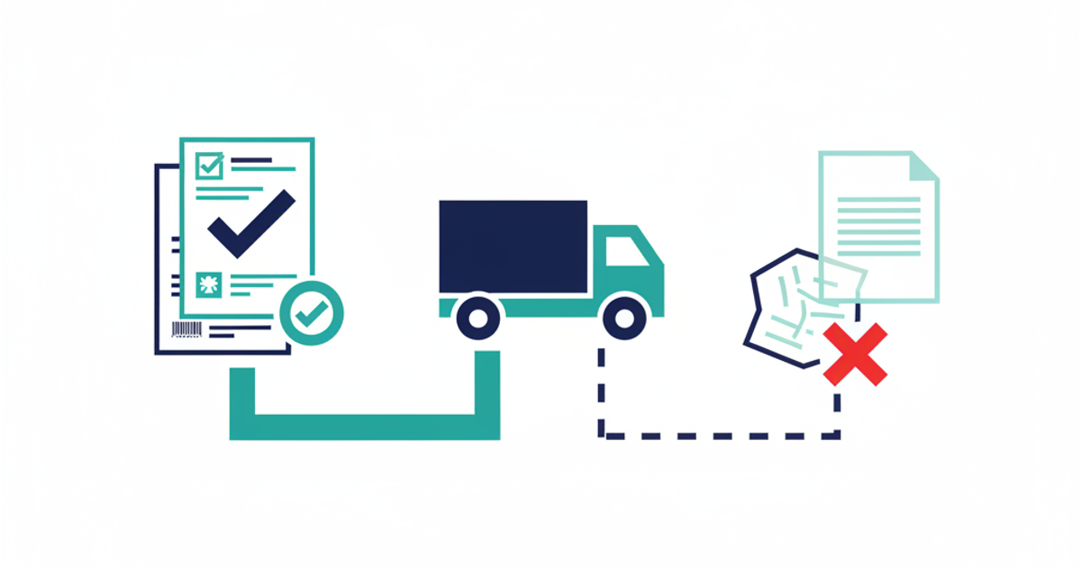 Freight logistics illustration showing delivery confirmation documents in a broker workflow