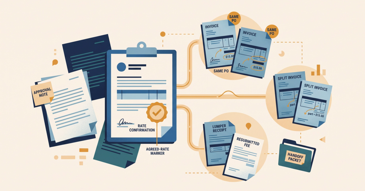 Freight broker reviewing carrier invoices against rate confirmations for duplicate charges