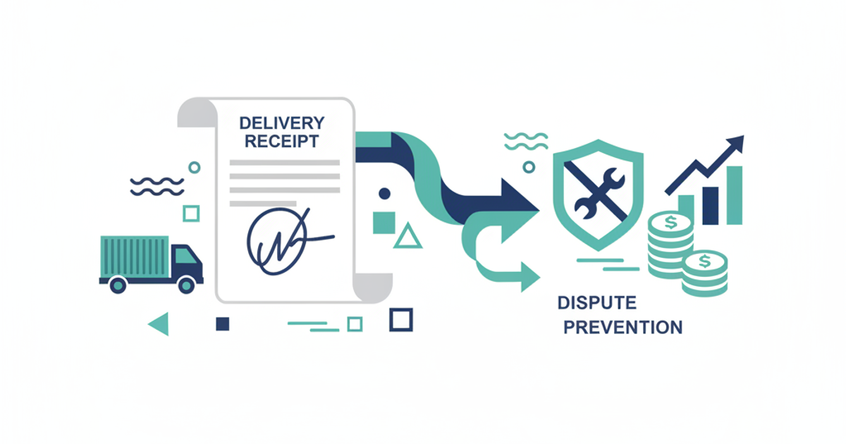 Freight logistics illustration showing a signed delivery receipt being reviewed alongside carrier invoices