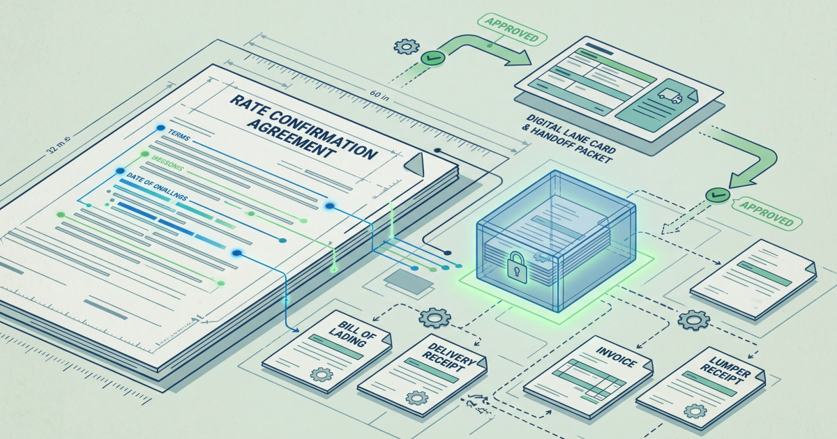 Freight broker reviewing lumper fee documents across rate confirmation, BOL, and carrier invoice for automated verification