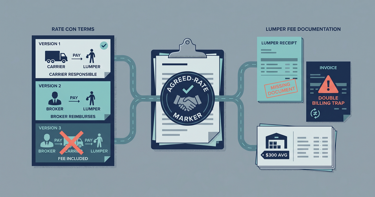 Freight logistics illustration showing lumper fee payment workflow between broker, carrier, and warehouse