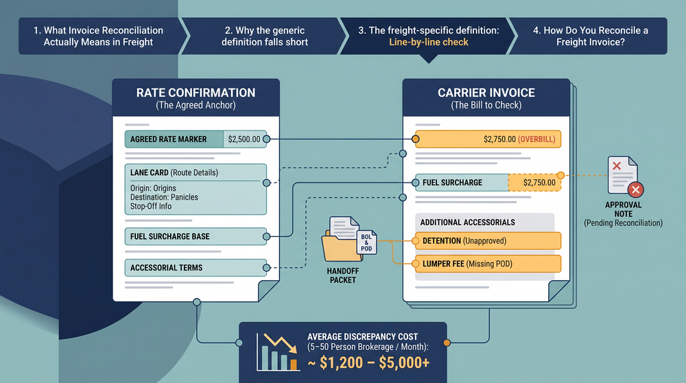 Step-by-step diagram showing freight invoice reconciliation process from rate con to carrier invoice to payment approval