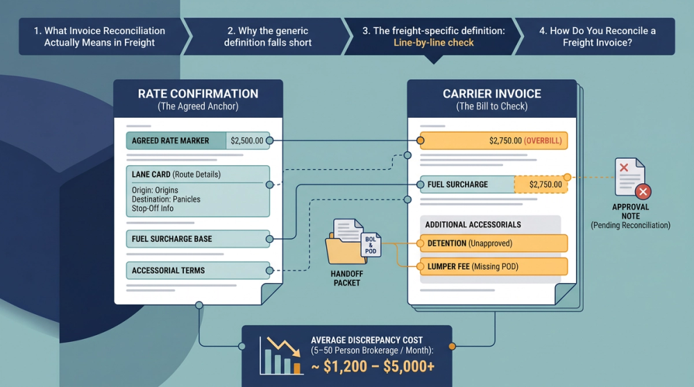 Step-by-step diagram showing freight invoice reconciliation process from rate con to carrier invoice to payment approval