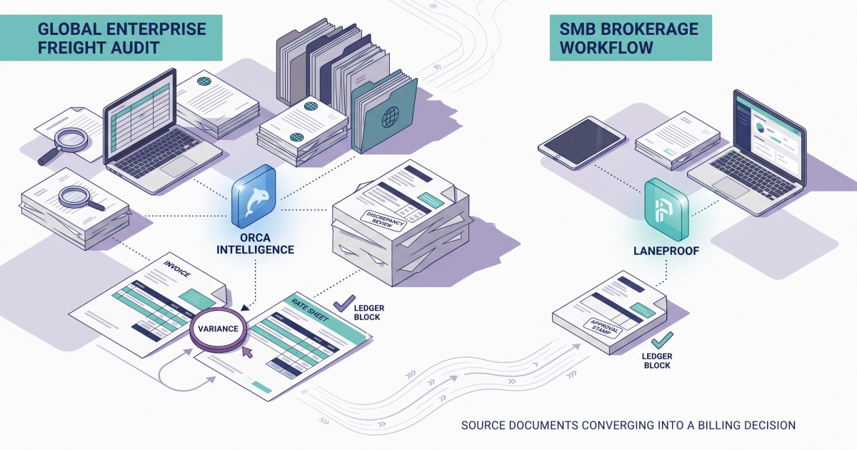Freight logistics illustration showing invoice documents, carrier trucks, and audit checkpoints for SMB broker operations