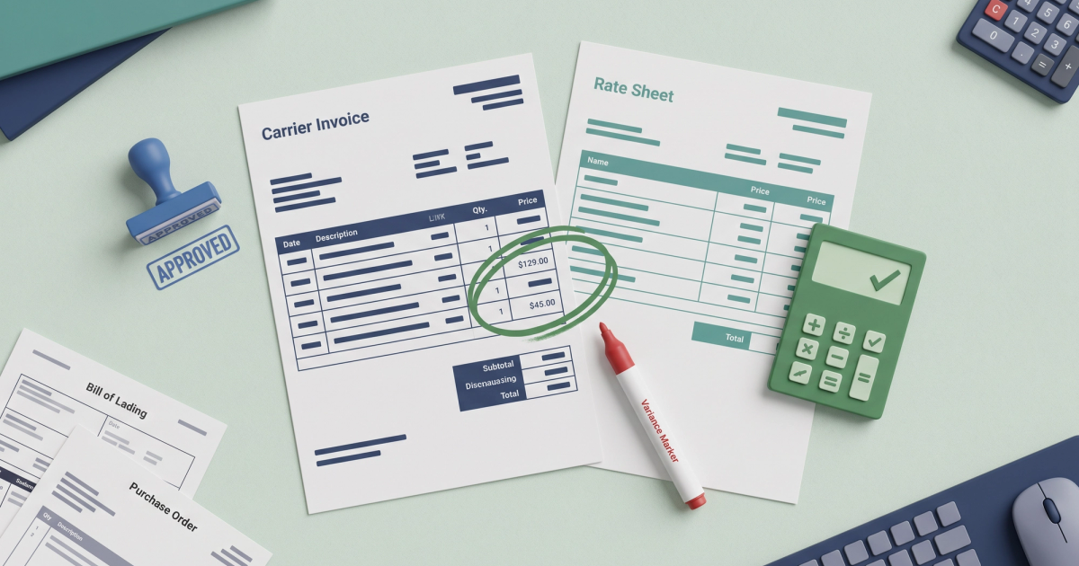 Freight audit report document with flagged line items on a logistics desk