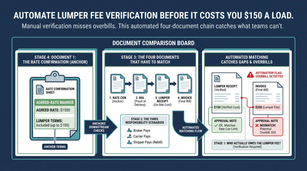 Diagram showing four-document lumper fee verification chain from rate con to lumper receipt to BOL to carrier invoice