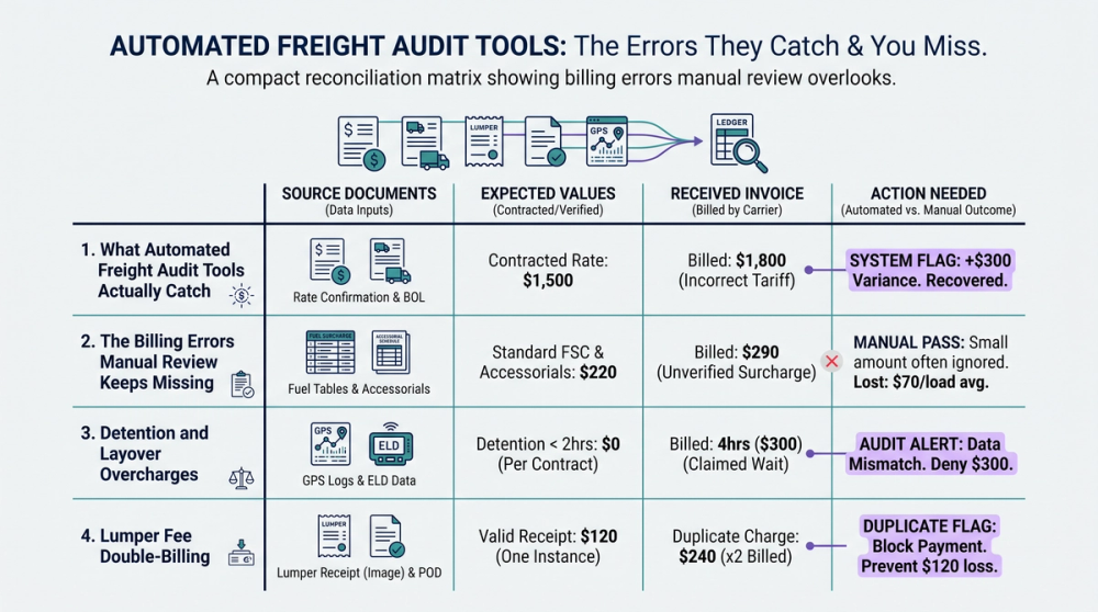 Process diagram comparing manual freight invoice reconciliation steps versus automated freight audit tool workflow