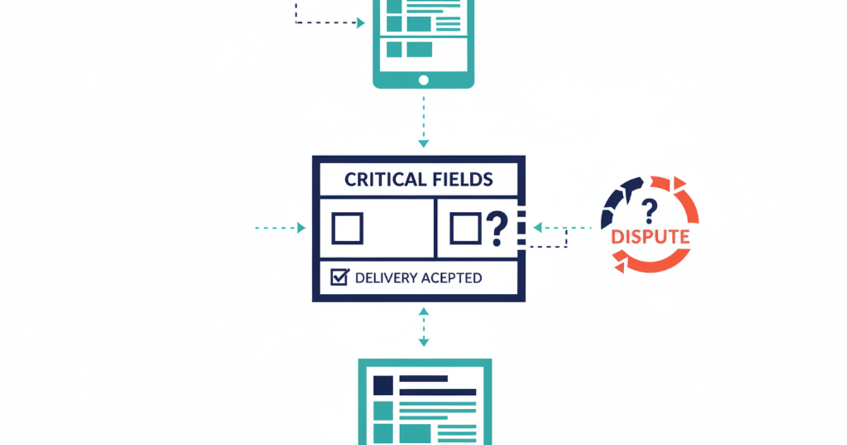 Freight logistics illustration showing proof of delivery document workflow between carrier, broker, and receiver