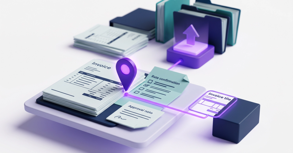 Freight logistics illustration showing automated billing software catching invoice errors across carrier documents