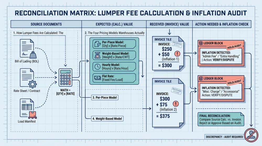Diagram comparing four lumper fee pricing models side by side with dollar amounts