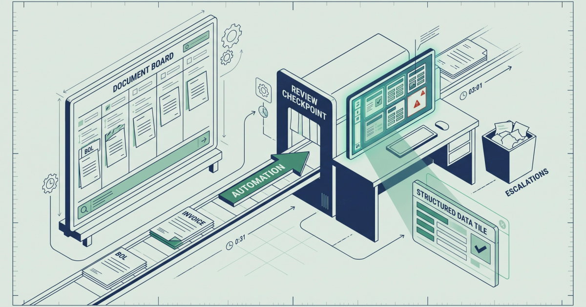 Freight logistics illustration showing BOLs, carrier invoices, and rate confirmations flowing into an automated document processing system