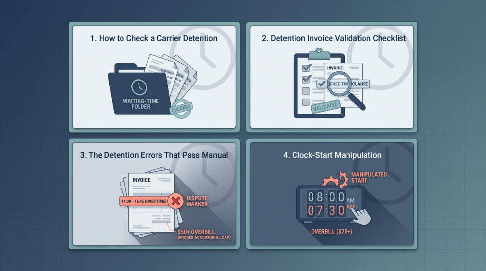 Diagram comparing manual detention invoice review steps versus automated validation software checks
