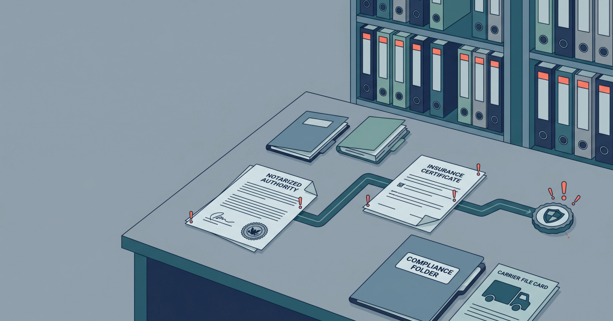 Freight logistics illustration showing carrier invoice documents, BOL, and regulatory compliance checkpoints