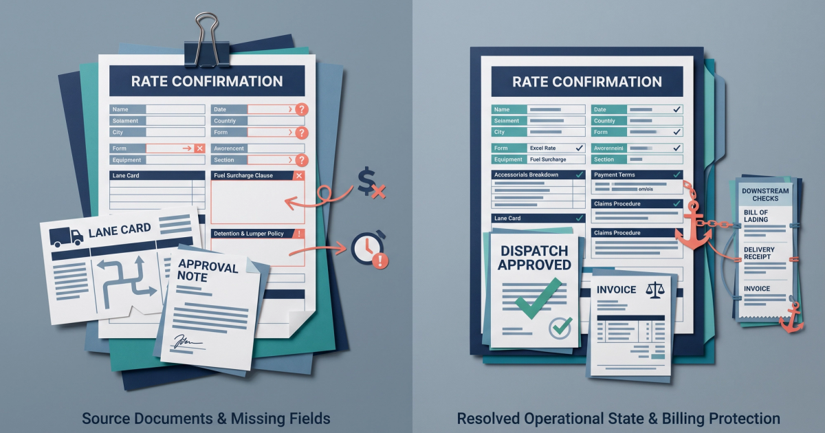 Freight logistics illustration showing rate confirmation document flow between broker and carrier