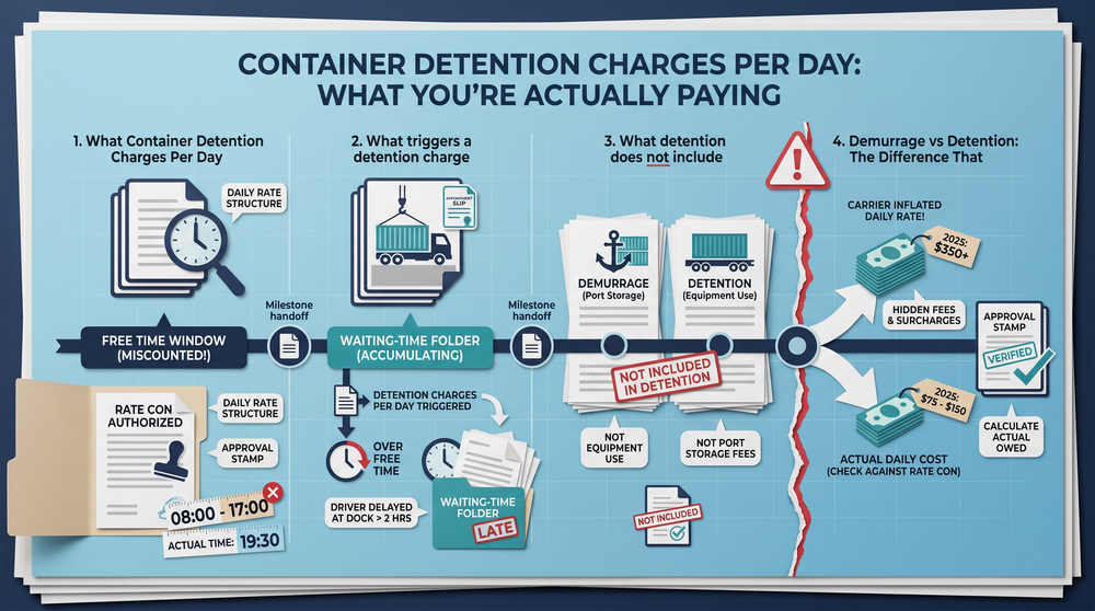 Step-by-step diagram showing how to check a detention invoice against a rate con and BOL timestamps