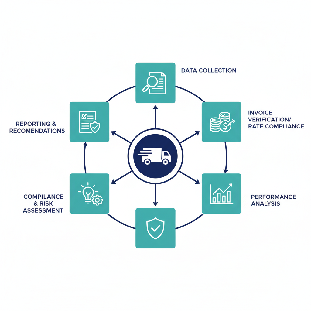Diagram showing prioritized transportation audit workflow from invoice receipt to cost recovery