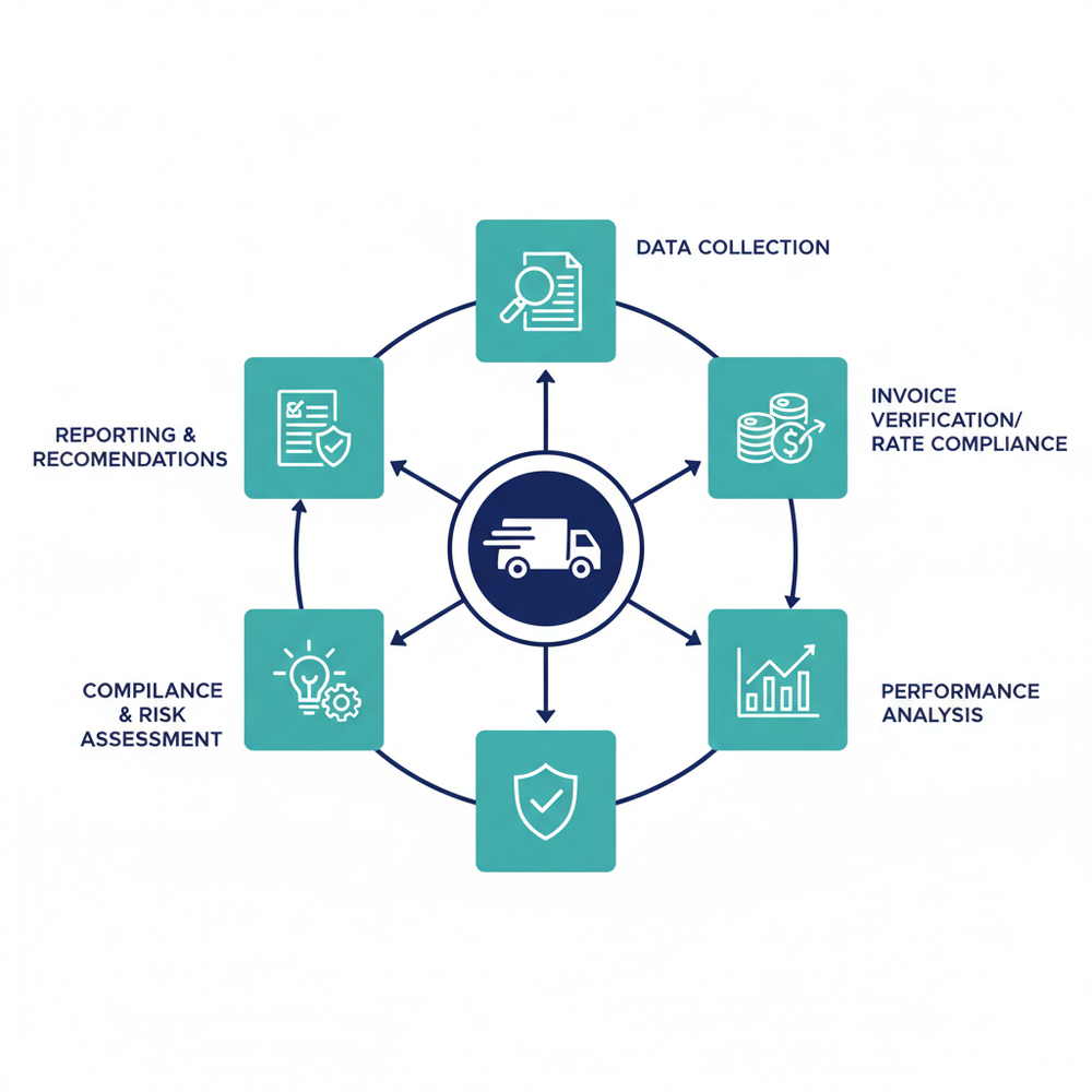 Diagram showing prioritized transportation audit workflow from invoice receipt to cost recovery