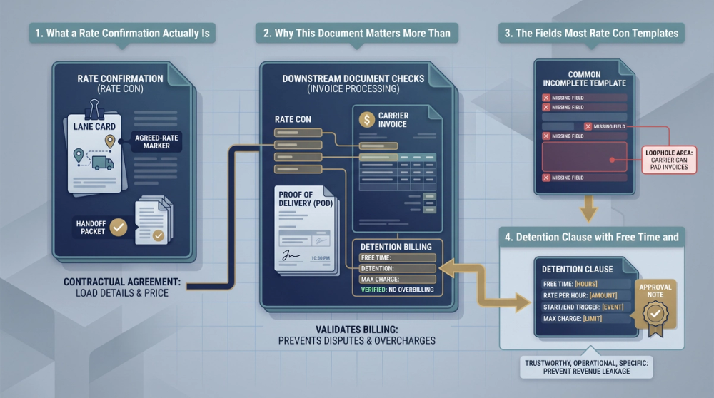 Diagram showing the key fields in a complete rate confirmation trucking template and the billing disputes each field prevents