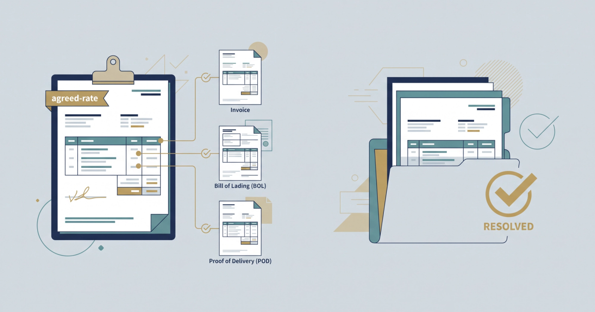 Freight broker reviewing a carrier invoice against a rate confirmation on a dual monitor setup