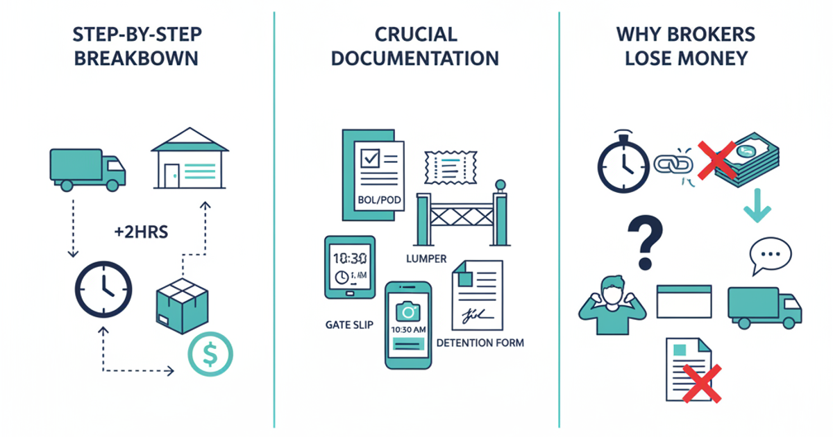 Freight logistics illustration showing a truck at a warehouse dock with a clock representing detention billing time tracking