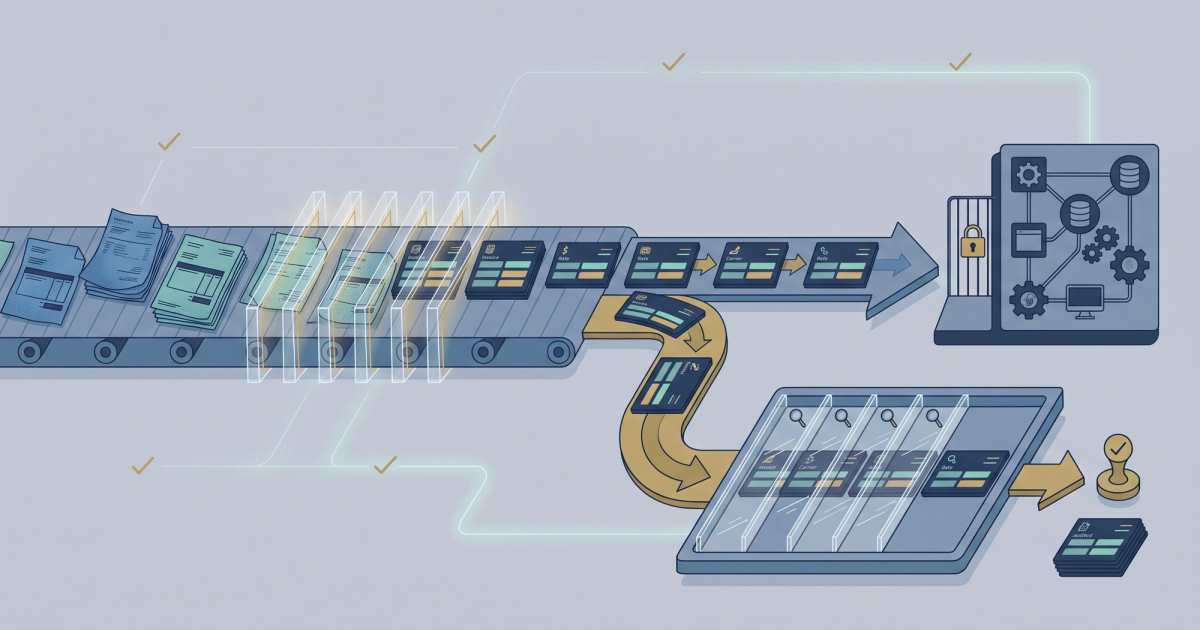 Freight logistics workflow illustration showing TMS and audit tool data exchange