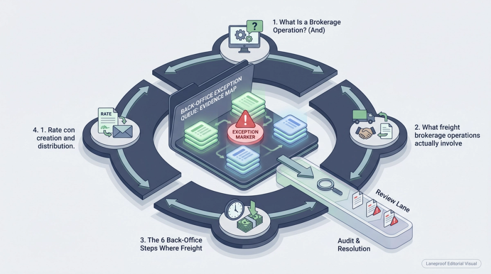 Diagram of the six back-office steps where freight brokers lose money to carrier billing errors