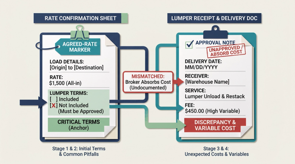 Diagram showing lumper fee payment flow between shipper, receiver, carrier, and broker
