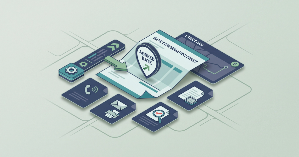 Freight logistics workflow illustration showing rate confirmation documents moving through automated processing