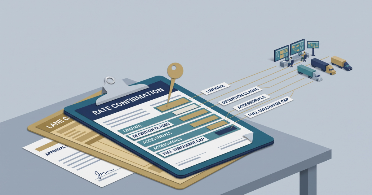 Freight logistics illustration showing rate confirmation document with highlighted data extraction fields