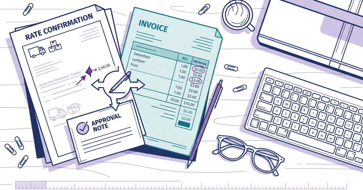 Freight logistics illustration showing invoice audit workflow for accessorial charge verification