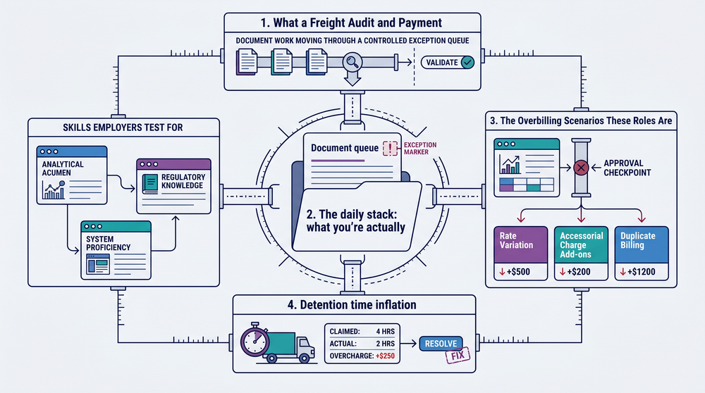 Diagram showing the freight audit workflow from invoice receipt through carrier payment with key verification checkpoints highlighted
