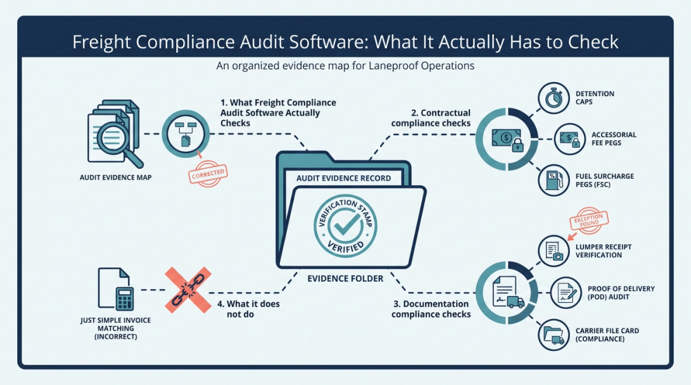 Diagram comparing standard freight audit tools to compliance audit software across billing, regulatory, and documentation checks