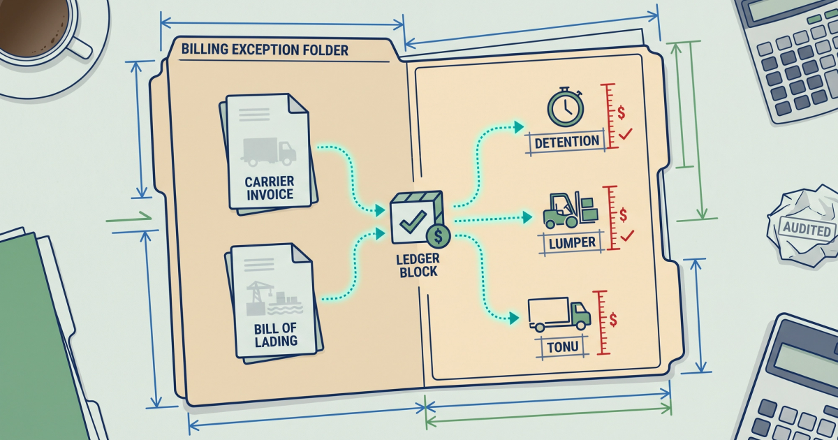 Freight logistics illustration showing accessorial charge validation workflow